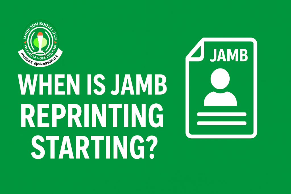 When is JAMB Reprinting Starting? (2025 UTME Guide) If you’re preparing for the 2025 JAMB UTME, one important question on your mind is likely: “When is JAMB reprinting starting?” Every year, the Joint Admissions and Matriculation Board (JAMB) requires all registered candidates to reprint their exam slips before sitting for the UTME. This slip carries crucial details like your exam date, time, and venue, which are not shown during initial registration. Without this slip, you cannot gain entry into the exam hall. That’s why knowing the official reprinting date for JAMB 2025 is vital. This guide explains: The official start date for JAMB reprinting 2025 Step-by-step instructions on how to reprint your JAMB slip Common challenges and how to solve them Tips to avoid mistakes during reprinting Key FAQs candidates often ask about JAMB reprinting By the end of this article, you’ll know exactly when reprinting starts, how to do it successfully, and how to prepare for your exam without stress.